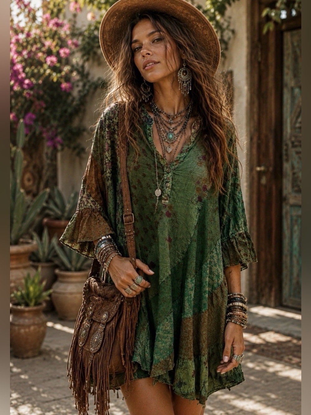 H080 NWT Young Threads L ptp20 Bohemian Green Ruffle-Sleeve Mini Dress